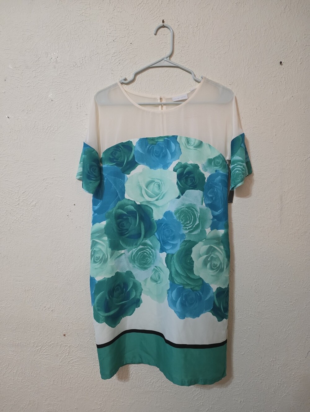 *NWT* NEW YORK & CO Small Sheer Yoke Floral Shift Dress - Teal Blue Roses